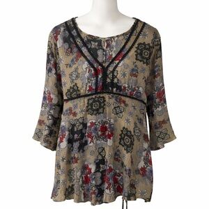 Dressbarn Multicolor Patterned V-Neck Tunic Sheer Overlay Size Large